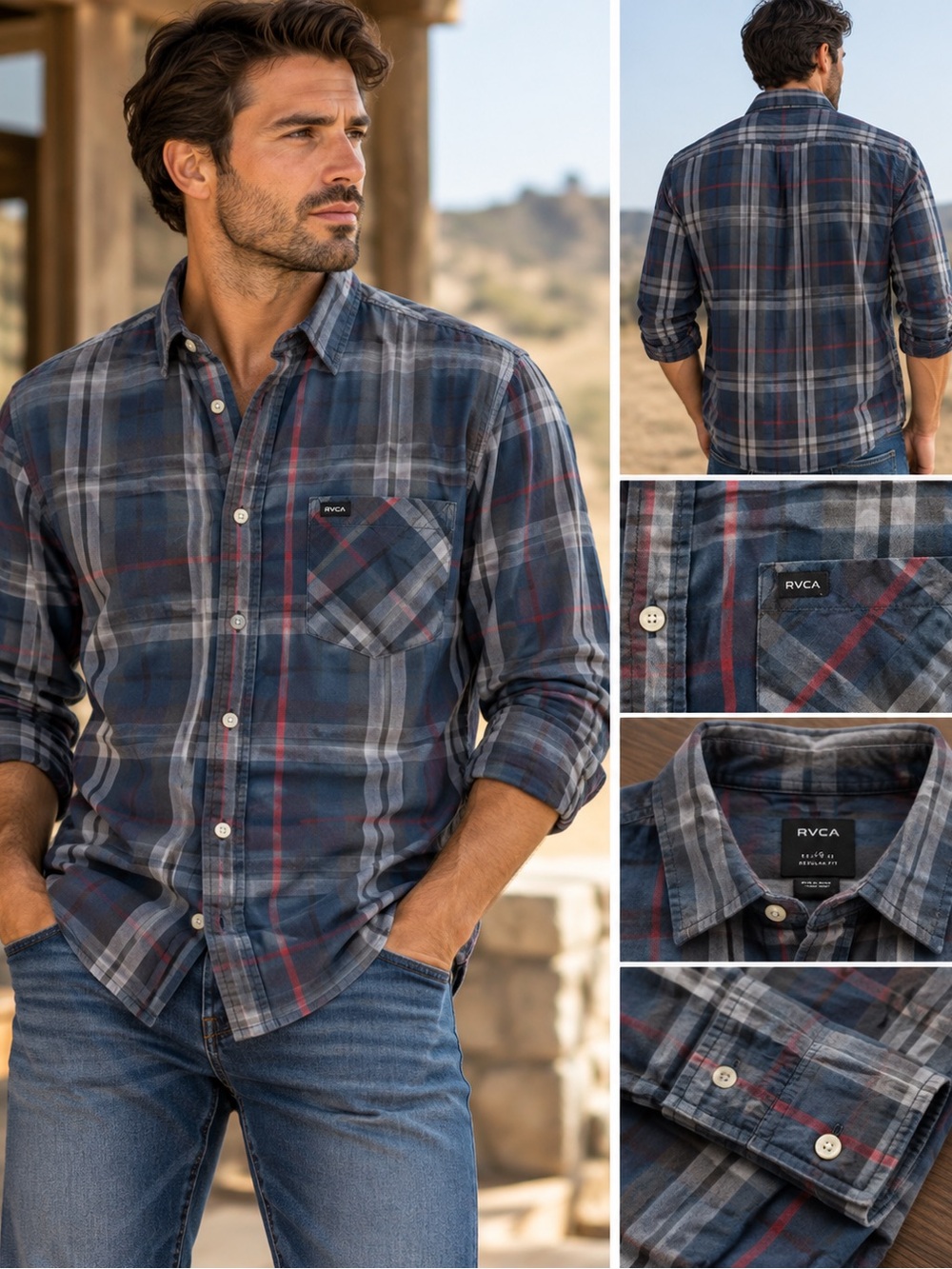 RVCA Men’s Navy and Gray Plaid Button-Down Shirt with Red Accent